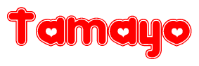 The image is a clipart featuring the word Tamayo written in a stylized font with a heart shape replacing inserted into the center of each letter. The color scheme of the text and hearts is red with a light outline.