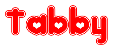 The image is a clipart featuring the word Tabby written in a stylized font with a heart shape replacing inserted into the center of each letter. The color scheme of the text and hearts is red with a light outline.