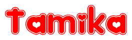 The image is a red and white graphic with the word Tamika written in a decorative script. Each letter in  is contained within its own outlined bubble-like shape. Inside each letter, there is a white heart symbol.
