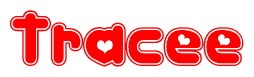 The image is a red and white graphic with the word Tracee written in a decorative script. Each letter in  is contained within its own outlined bubble-like shape. Inside each letter, there is a white heart symbol.