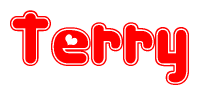 The image is a red and white graphic with the word Terry written in a decorative script. Each letter in  is contained within its own outlined bubble-like shape. Inside each letter, there is a white heart symbol.