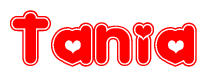 The image is a clipart featuring the word Tania written in a stylized font with a heart shape replacing inserted into the center of each letter. The color scheme of the text and hearts is red with a light outline.