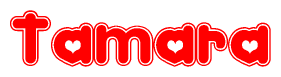 The image is a clipart featuring the word Tamara written in a stylized font with a heart shape replacing inserted into the center of each letter. The color scheme of the text and hearts is red with a light outline.