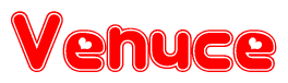 The image is a red and white graphic with the word Venuce written in a decorative script. Each letter in  is contained within its own outlined bubble-like shape. Inside each letter, there is a white heart symbol.