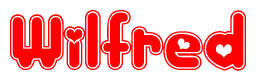 The image is a red and white graphic with the word Wilfred written in a decorative script. Each letter in  is contained within its own outlined bubble-like shape. Inside each letter, there is a white heart symbol.