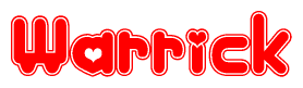 The image is a clipart featuring the word Warrick written in a stylized font with a heart shape replacing inserted into the center of each letter. The color scheme of the text and hearts is red with a light outline.
