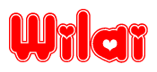 The image is a clipart featuring the word Wilai written in a stylized font with a heart shape replacing inserted into the center of each letter. The color scheme of the text and hearts is red with a light outline.