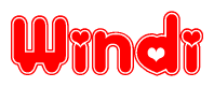The image is a red and white graphic with the word Windi written in a decorative script. Each letter in  is contained within its own outlined bubble-like shape. Inside each letter, there is a white heart symbol.