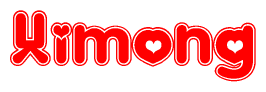 The image is a red and white graphic with the word Ximong written in a decorative script. Each letter in  is contained within its own outlined bubble-like shape. Inside each letter, there is a white heart symbol.