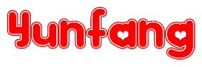 The image is a clipart featuring the word Yunfang written in a stylized font with a heart shape replacing inserted into the center of each letter. The color scheme of the text and hearts is red with a light outline.
