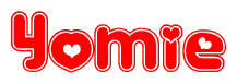 The image displays the word Yomie written in a stylized red font with hearts inside the letters.