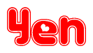 The image is a red and white graphic with the word Yen written in a decorative script. Each letter in  is contained within its own outlined bubble-like shape. Inside each letter, there is a white heart symbol.