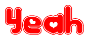 The image is a clipart featuring the word Yeah written in a stylized font with a heart shape replacing inserted into the center of each letter. The color scheme of the text and hearts is red with a light outline.