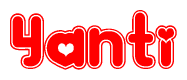 The image is a red and white graphic with the word Yanti written in a decorative script. Each letter in  is contained within its own outlined bubble-like shape. Inside each letter, there is a white heart symbol.