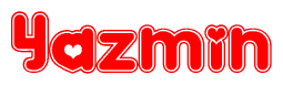 The image is a red and white graphic with the word Yazmin written in a decorative script. Each letter in  is contained within its own outlined bubble-like shape. Inside each letter, there is a white heart symbol.
