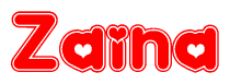 The image is a red and white graphic with the word Zaina written in a decorative script. Each letter in  is contained within its own outlined bubble-like shape. Inside each letter, there is a white heart symbol.