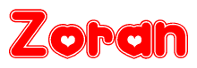 The image is a clipart featuring the word Zoran written in a stylized font with a heart shape replacing inserted into the center of each letter. The color scheme of the text and hearts is red with a light outline.