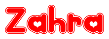 The image is a clipart featuring the word Zahra written in a stylized font with a heart shape replacing inserted into the center of each letter. The color scheme of the text and hearts is red with a light outline.