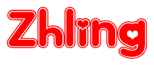 The image is a red and white graphic with the word Zhling written in a decorative script. Each letter in  is contained within its own outlined bubble-like shape. Inside each letter, there is a white heart symbol.
