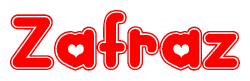 The image is a red and white graphic with the word Zafraz written in a decorative script. Each letter in  is contained within its own outlined bubble-like shape. Inside each letter, there is a white heart symbol.