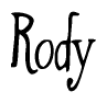 The image is a stylized text or script that reads 'Rody' in a cursive or calligraphic font.