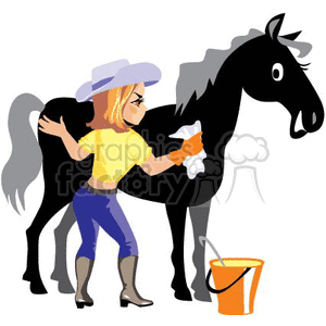 A Cowgirl wearing Grey Boots and Hat Washing her Black Horse clipart.