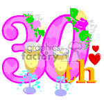 This clipart image has 30th decorated in pink with floral accents, two champagne glasses with a bubbly beverage inside, and a small red heart between the glasses and the text. The overall theme suggests a celebration, likely for a 30th birthday or anniversary.