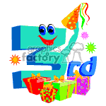 The clipart image depicts the number '3' stylized with a smiling face, wearing a party hat. Around it are colorful birthday elements including presents, stars, and confetti. The number is also adorned with the letters rd, indicating a 3rd birthday