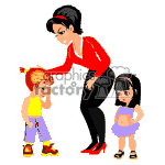 The clipart image shows a woman dressed in a red top and black pants, bending towards a young child who appears to be upset. The woman is comforting the child who is wearing yellow clothing. Another young child, a little girl with black hair, is standing nearby watching the situation. Both children seem to be wearing casual clothing and the little girl is in a purple outfit.