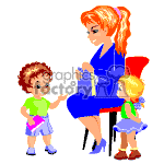 The image is a clipart that depicts a woman in a blue dress sitting and reading a book, with two young children, a boy and a girl, standing and sitting beside her, appearing engaged or interested in the activity. The woman has red hair, and both children have short, curly hair.