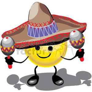 clipart - happy smiley face wearing a sombrero playing maracas.