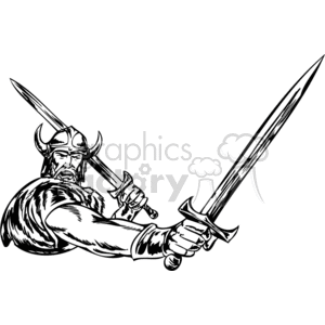 The clipart image features a stylized Viking warrior wielding a large sword. The warrior is in a dynamic pose, emphasizing strength and aggression. He is wearing a horned helmet, which is a popular but historically inaccurate depiction of Viking armor.