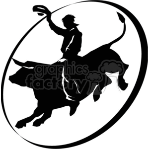A Black and White Oval Picture of a Man Bull Riding clipart.