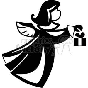 Black and White Floating Angel with a Gift clipart. Commercial use image # 371973