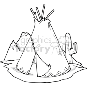 clipart - black and white teepee and cactus.