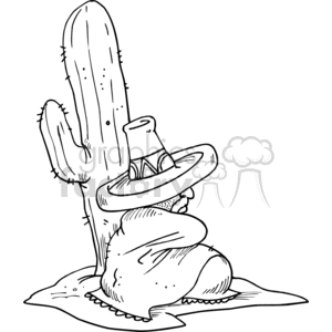 The clipart image is a black and white silhouette of a person wearing a sombrero, lying down with their eyes closed, symbolizing sleep or rest. This person is situated in a desert landscape with cacti, suggesting a Mexican or Western cowboy theme. The image may connote stereotypes associated with Mexicans and cowboys.