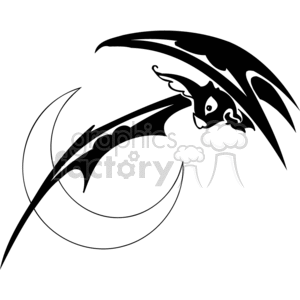 Black and white scary bat swooping down against a crescent moon clipart.