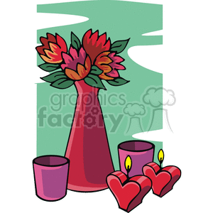 Flowers in a vase with heart shaped candles.