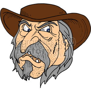 The clipart image depicts a cartoonish cowboy gunslinger wearing a hat and bandana, with an angry and mean expression on his face. The image is in vector format, meaning it can be scaled without losing quality. It has a humorous and grumpy tone.
