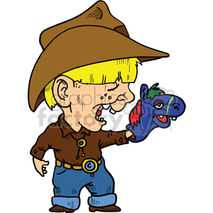 A little cowboy with a horse puppet on his hand clipart. Commercial use image # 373480