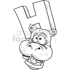 black+white vector alphabet alphabets cartoon funny letter letter+h hippo hippopotamus hippos