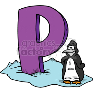 Cartoon letter P with penguin standing next to it clipart.