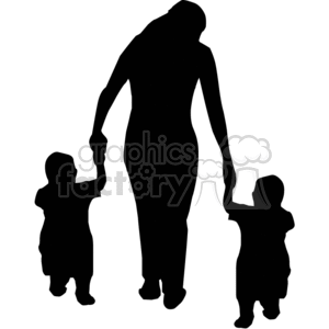 clipart - Woman holding hands with two small small kids silhouettes.