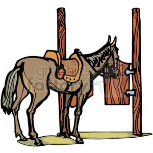 A Horse that has a Saddle Walked up to a Wooden Saloon Door