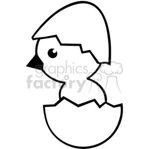 clipart - Black and white cute cartoon chick hatching from egg.