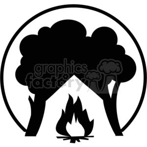The clipart image depicts a black and white vector illustration of a camping trip or vacation in nature. It shows a tent pitched in a forested area, with trees and a campfire nearby.