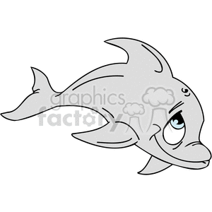 The clipart image depicts a baby dolphin. It is very cute and has exaggerated features such as big eyes and smiling faces.
