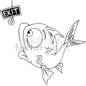 clipart - a fish looking a hook with a sign that say exit on it.