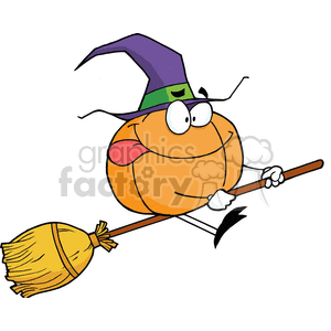 cartoon pumpkin riding a broom