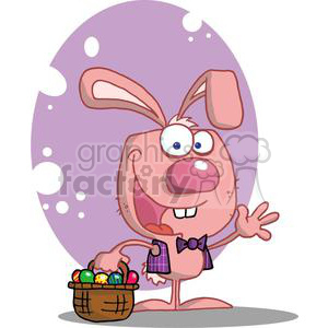 clipart -  Happy Easter Bunny with Basket of Eggs in front of a purple Egg.